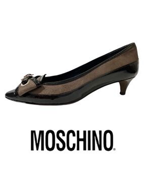 MOSCHINO | Patent Leather Suede Point Toe Bow Kitten Pump Heel Pump Shoe